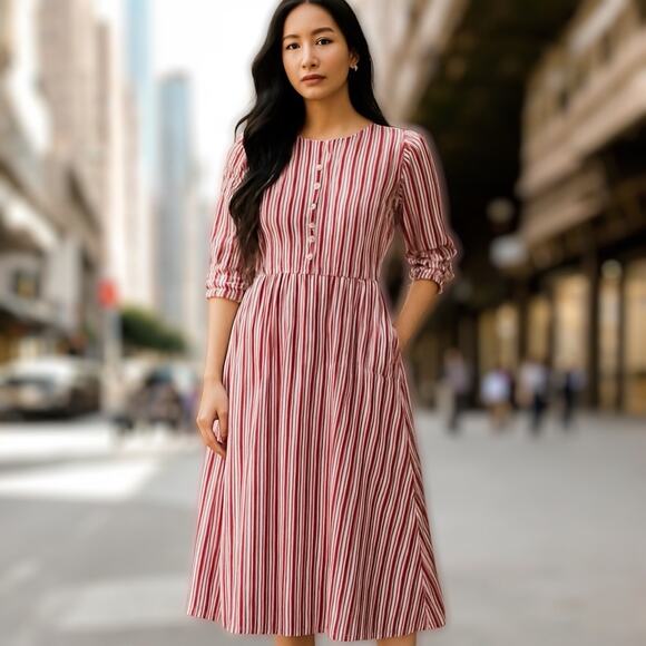 NWT Matilda Jane L Red Pink Stripe Knit Midi Dress Pockets 3/4 Sleeve - Picture 1 of 10
